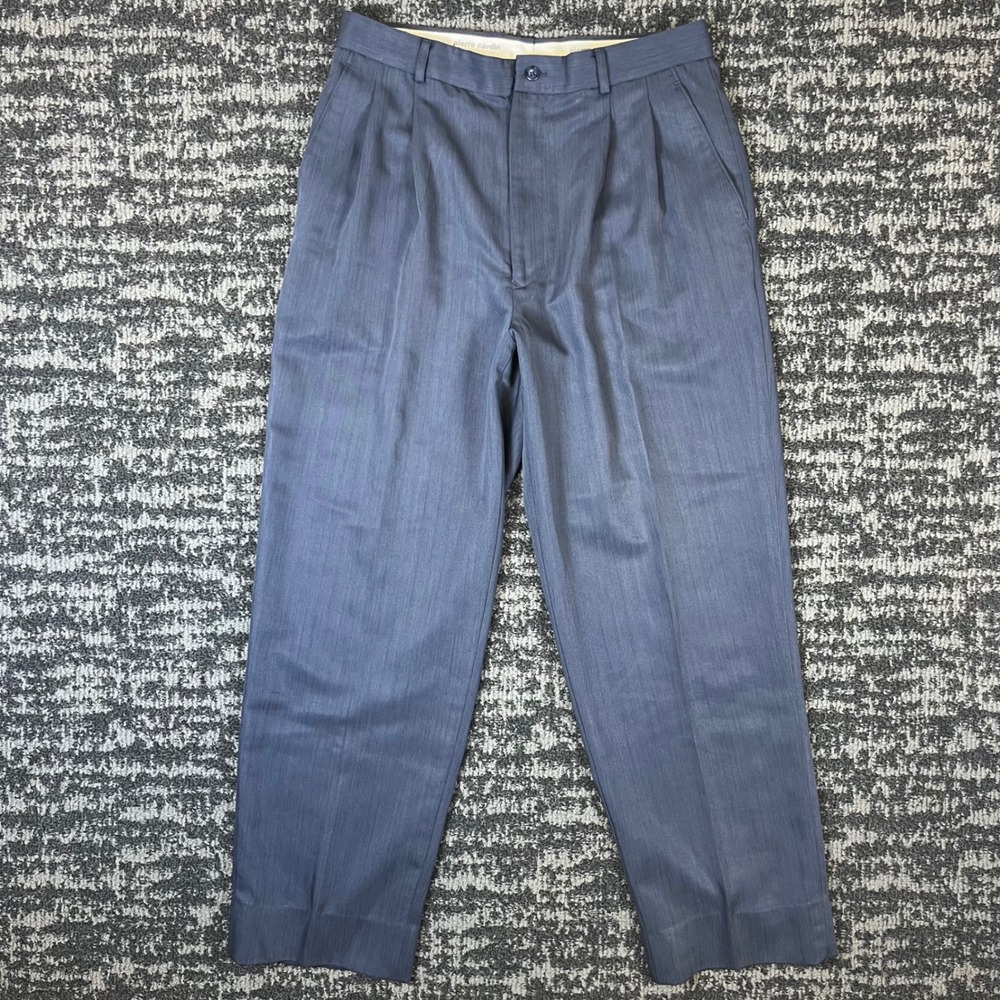 Pierre Cardin Dress Pants Mens 32 Blue Gray Pleated Sharkskin Texture Trousers